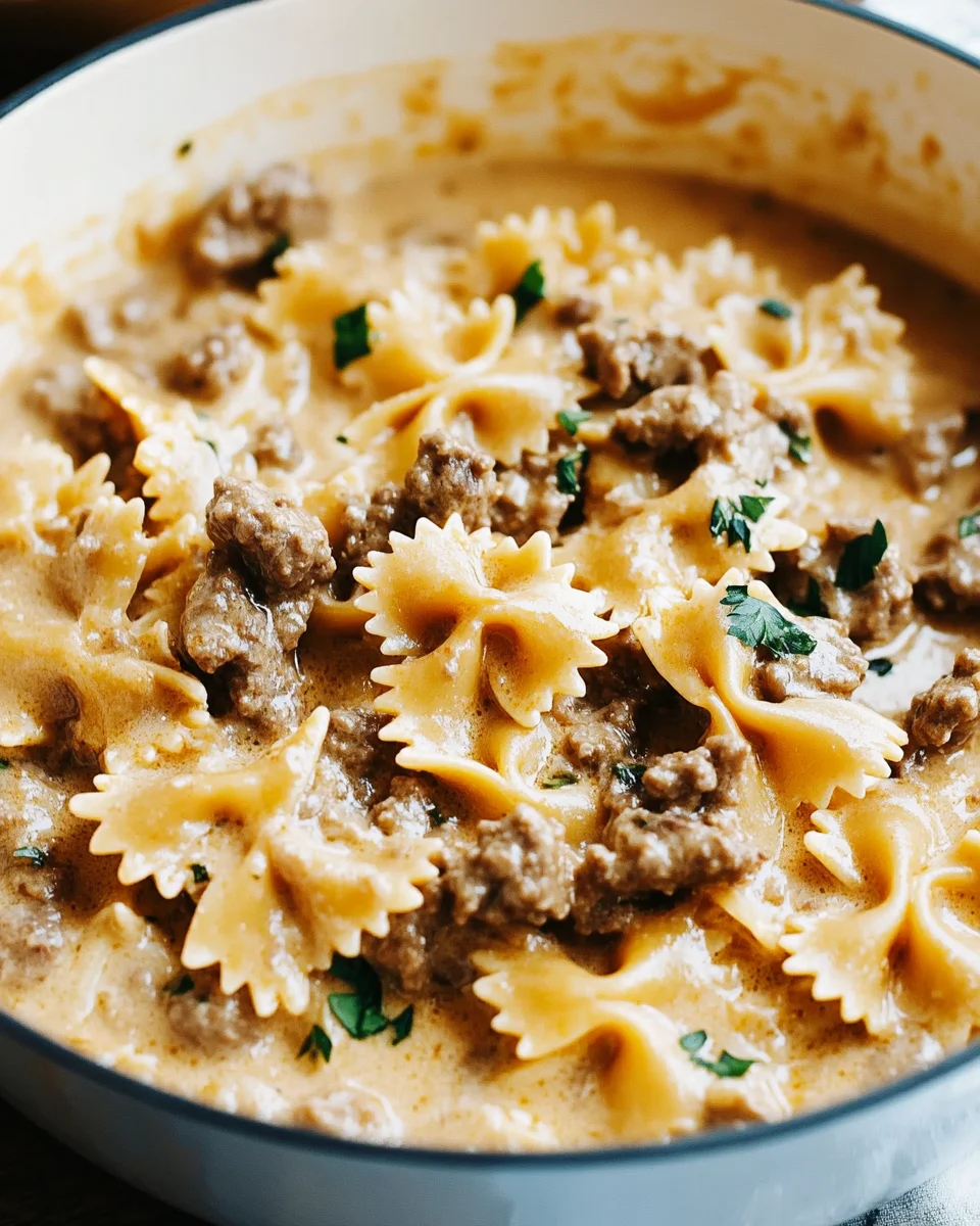Cheesy Beef And Bowtie Pasta In Garlic Butter