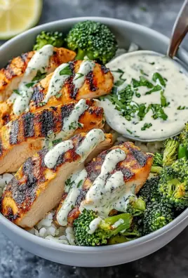 Grilled Chicken & Broccoli Bowls with Creamy Garlic Sauce