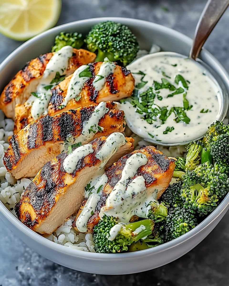 Grilled Chicken & Broccoli Bowls with Creamy Garlic Sauce